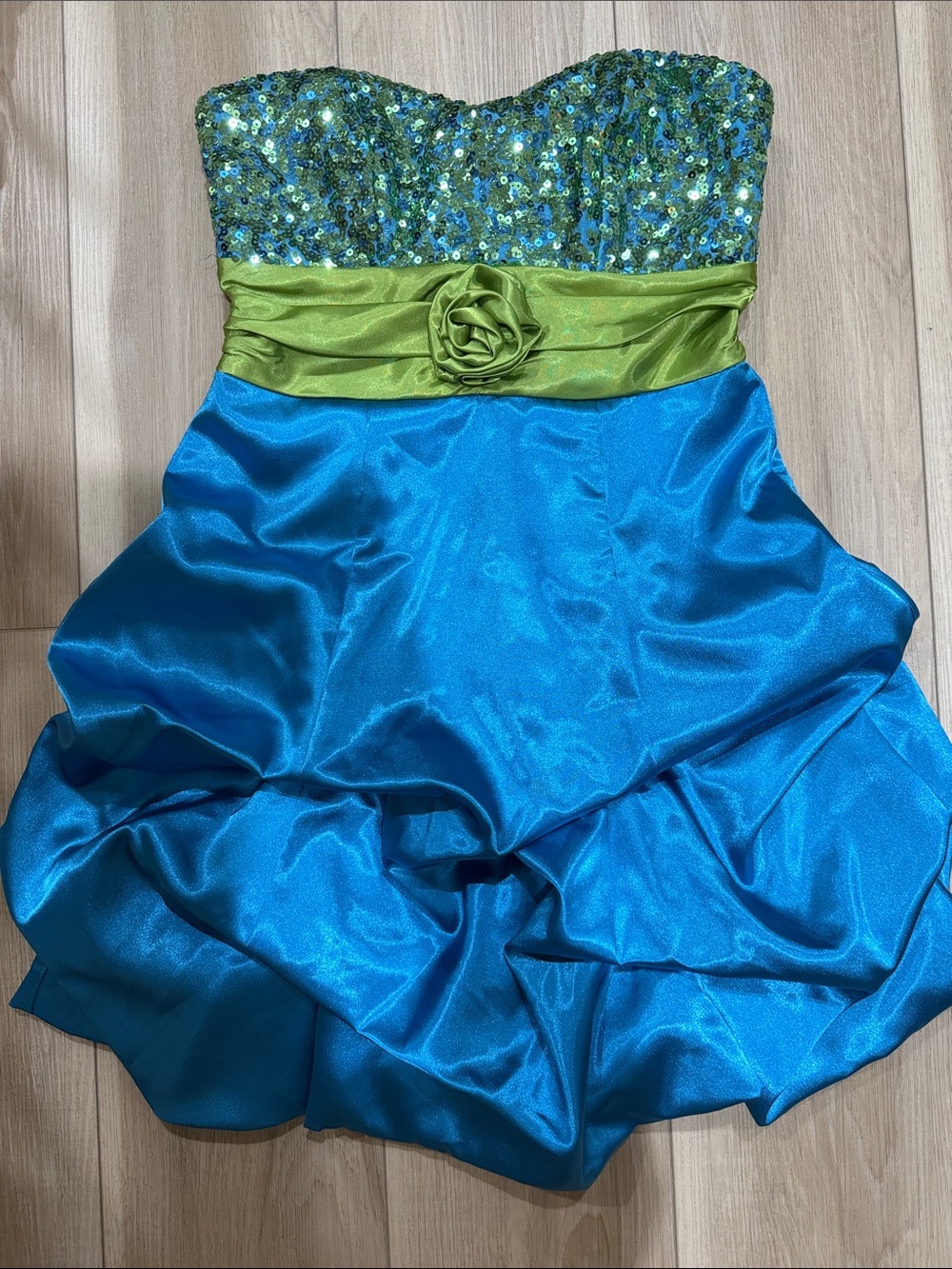 Speechless Blue Satin & Green Sequin Strapless Party Dress